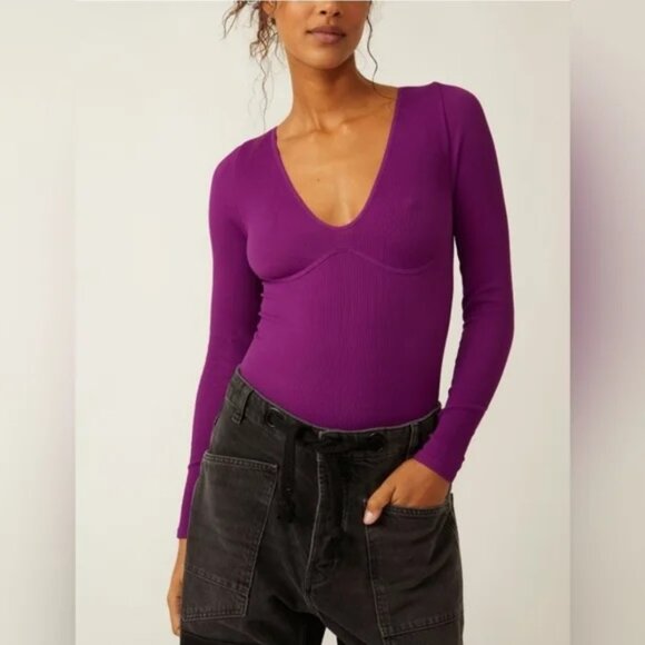 NWT Free People Meg Seamless Bodysuit Grape Juice size- LARGE/ EXTRA LARGE - Picture 2 of 5
